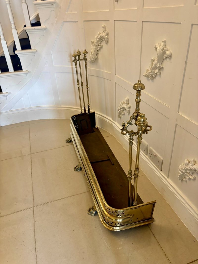 Unusual and Rare Quality Antique Regency Brass Fender with Original Fire Irons - Image 9